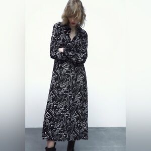 Zara Black And White Abstract Floral Shirt Dress